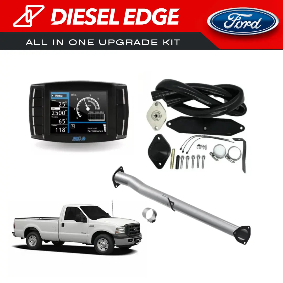 Ford truck equipped with a 6.7 Powerstroke engine, featuring a delete kit, tuner and delete pipe for enhanced performance.