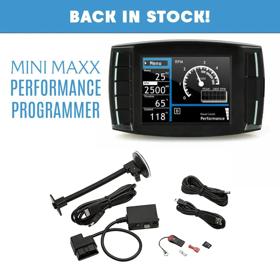 Mini Maxx performance programmer, cables for the Mini Maxx, and the a heading titled back in stock at the top.